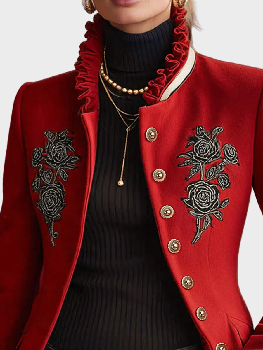 Harmony | Μάλλινο Μονόπετο Μπουφάν με Όρθιο Γιακά με Βολάν και Κέντημα Τριαντάφυλλο