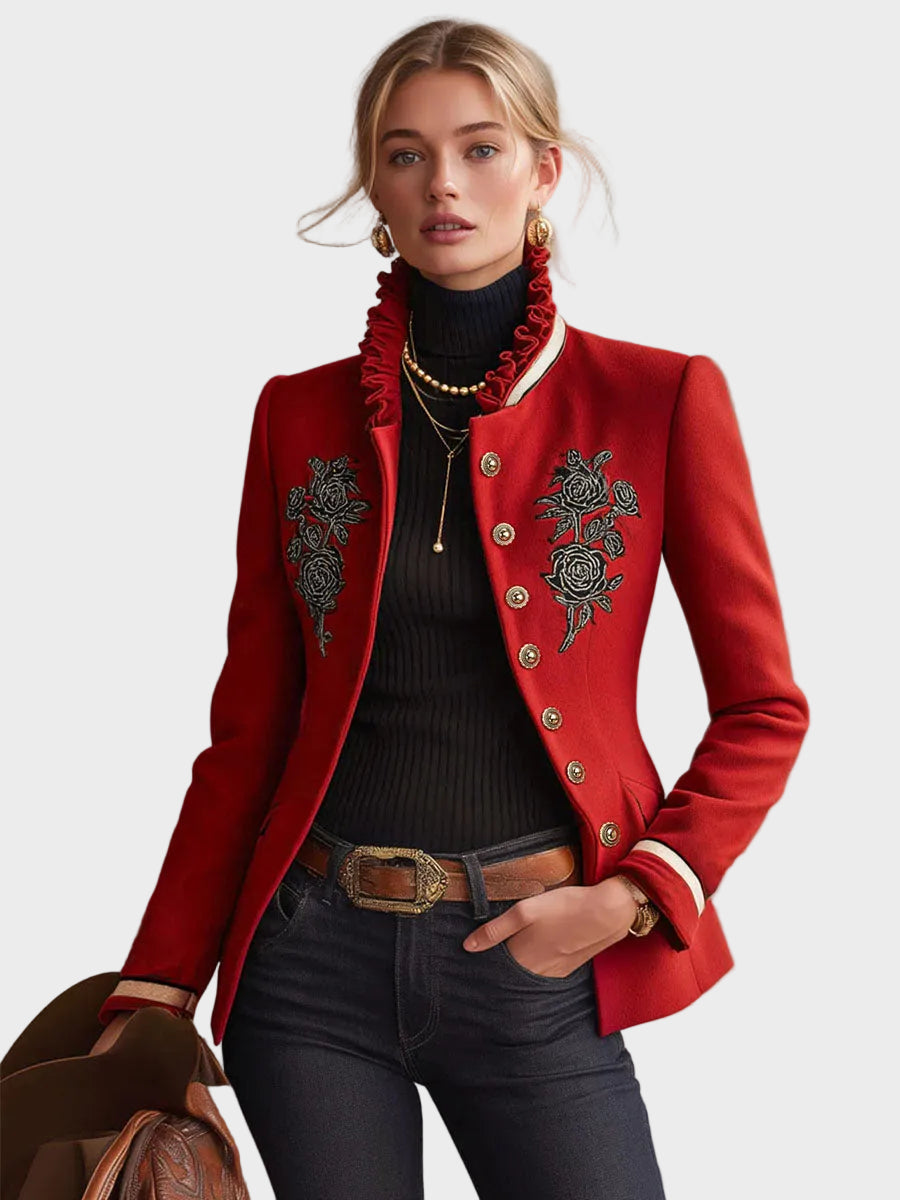 Harmony | Μάλλινο Μονόπετο Μπουφάν με Όρθιο Γιακά με Βολάν και Κέντημα Τριαντάφυλλο