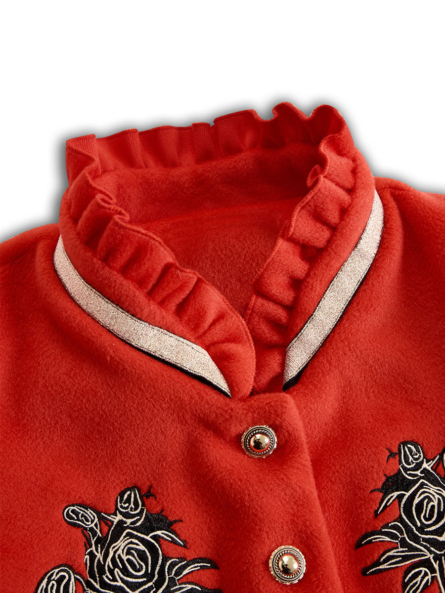 Harmony | Μάλλινο Μονόπετο Μπουφάν με Όρθιο Γιακά με Βολάν και Κέντημα Τριαντάφυλλο