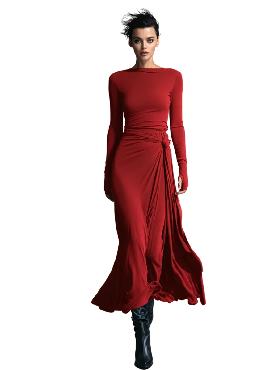 Belle | Γυναικείο Γκρι Κρουαζέ Φόρεμα από Εξαιρετικής Ποιότητας Ελαστικό Σύμμικτο Ύφασμα - Μάξι Φόρεμα με Κόμπο (Women's Gray Exquisite Stretch Blended Fabric Wrap Dress - Knotted Maxi Dress)