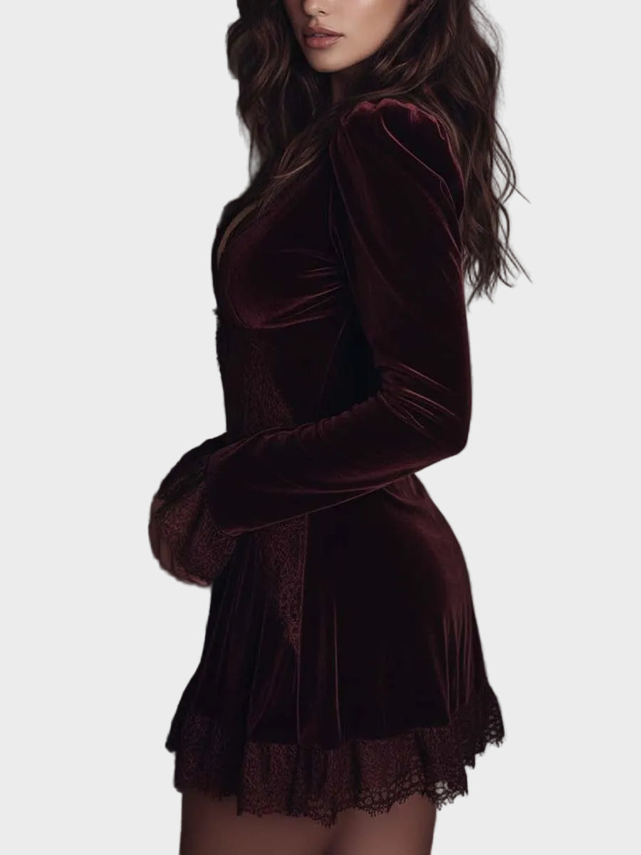 Vivian| Μίνι Φόρεμα από Πολυεστερικό Βελούδο με Τελείωμα από Δαντέλα