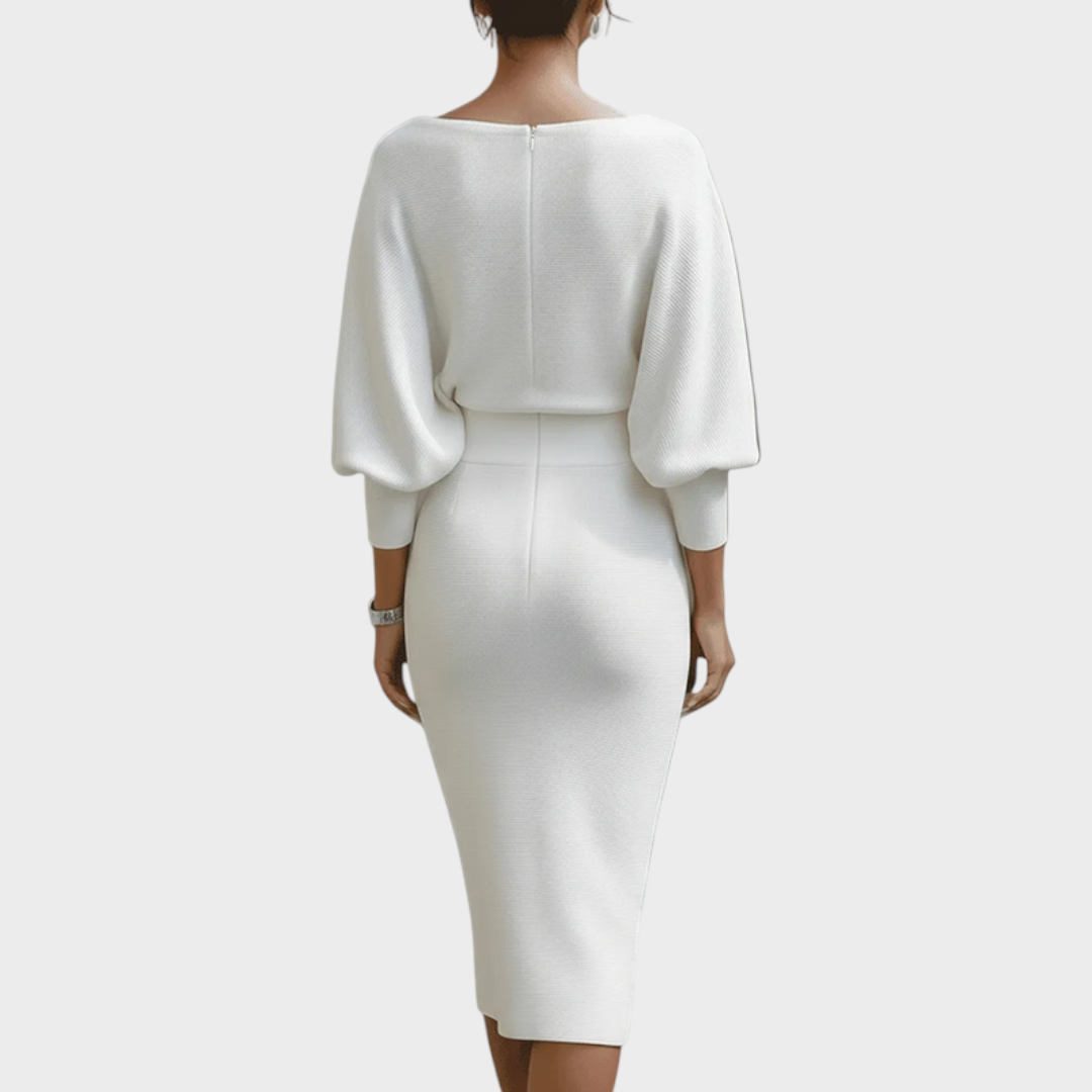 Janna | Λευκό Σατέν Φόρεμα Midi με Μανίκια Batwing