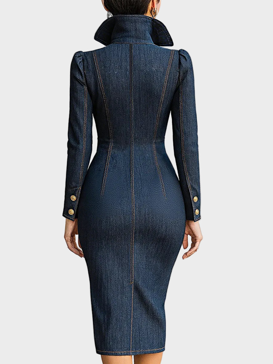 Zoey| Σταυρωτό Δομημένο Denim Μίντι Φόρεμα