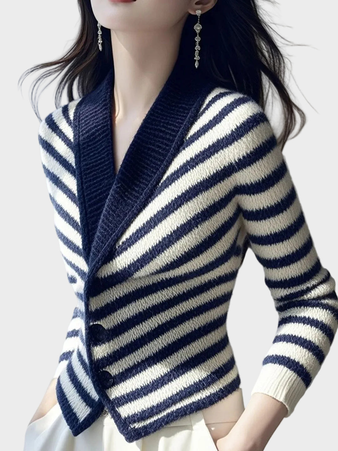 Sophia Εφαρμοστή Ριγέ Πλεκτή Ζακέτα με Λαιμόκοψη V