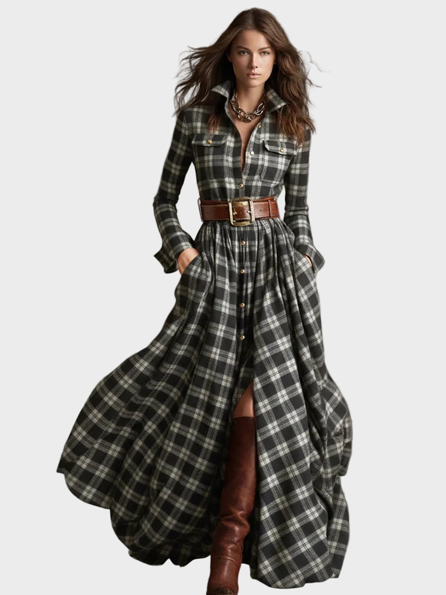 Skyler | Ρετρό Έθνικ Μάξι Φόρεμα με Πέτο σε Κοκκινωπό Καφέ Καρό