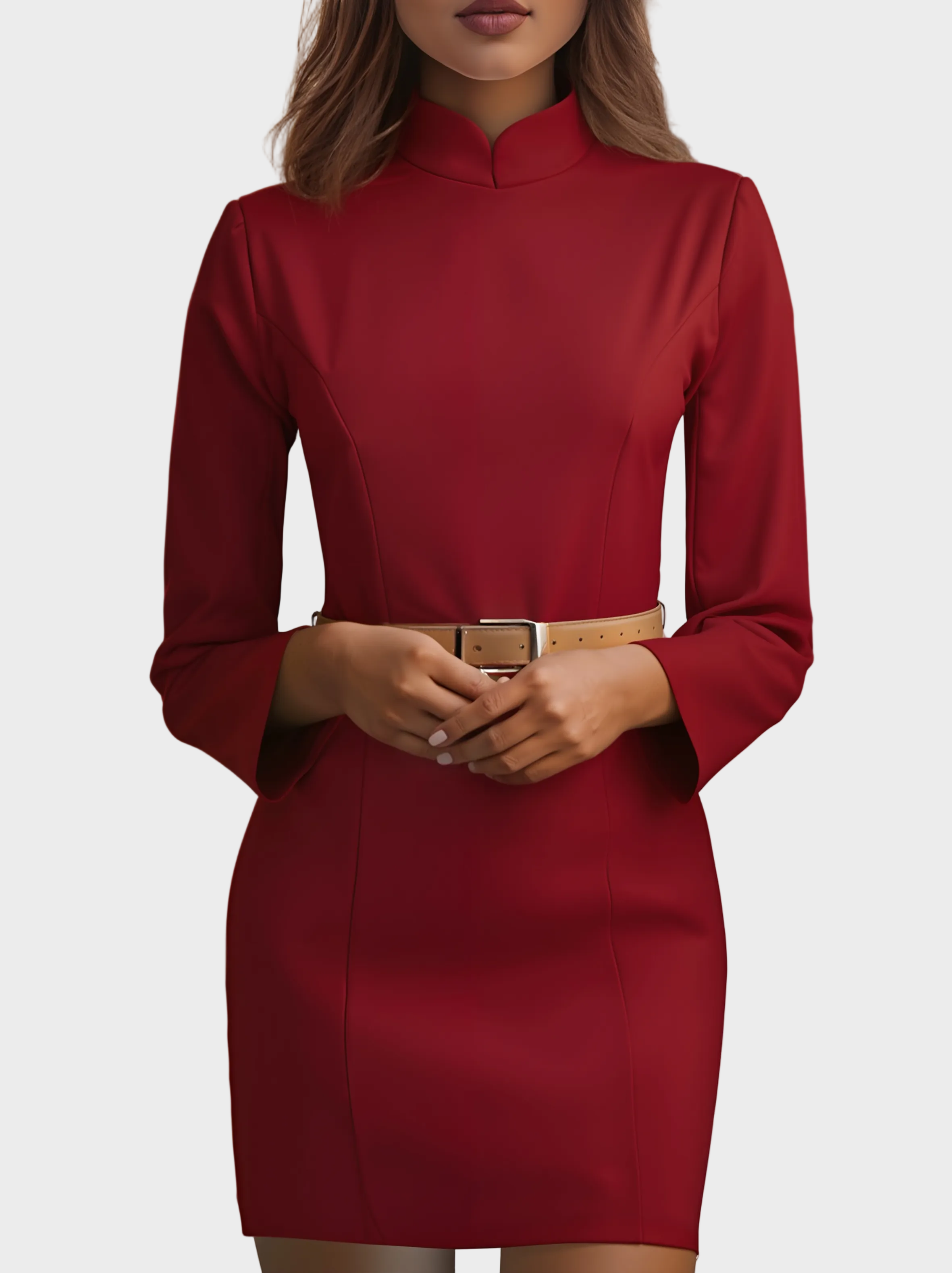 Fiona Κομψό Λευκό Φόρεμα με Μανδαρινικό Γιακά και Σχέδιο Ζώνης