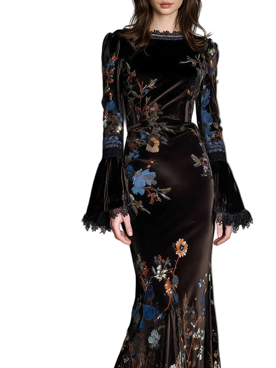 Jane | Βραδινή Βελούδινη Φλοράλ Τουαλέτα Elegance Midnight με Δαντελένια Λεπτομέρεια (Elegance Midnight Velvet Floral Gown With Lace Trim)