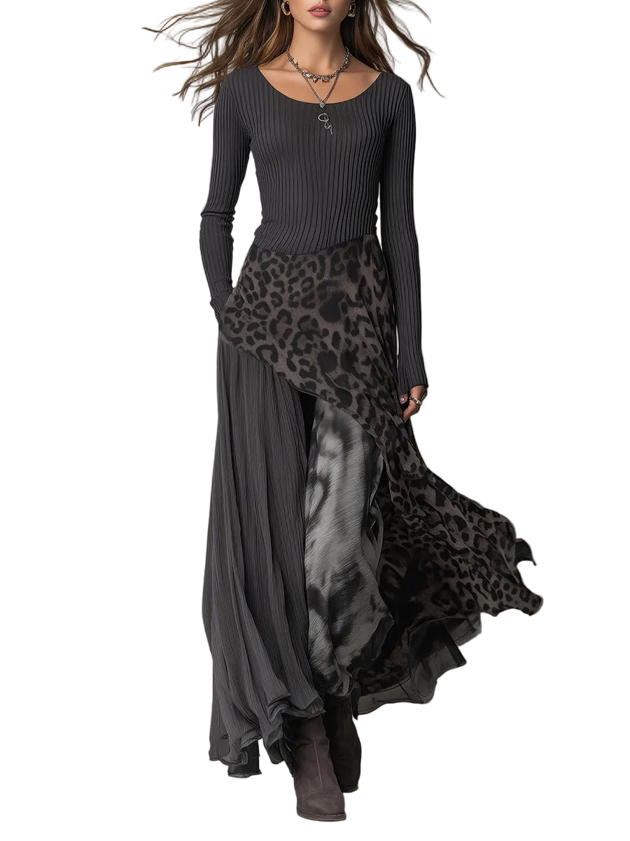Blair - Μάξι Φόρεμα με Bohemian Σχέδιο, Ψιλή Ρίγα, Leopard Print και Ασύμμετρο Τελείωμα (Bohemian Pit Stripe Leopard Print Splicing Irregular Hem Maxi Dress)