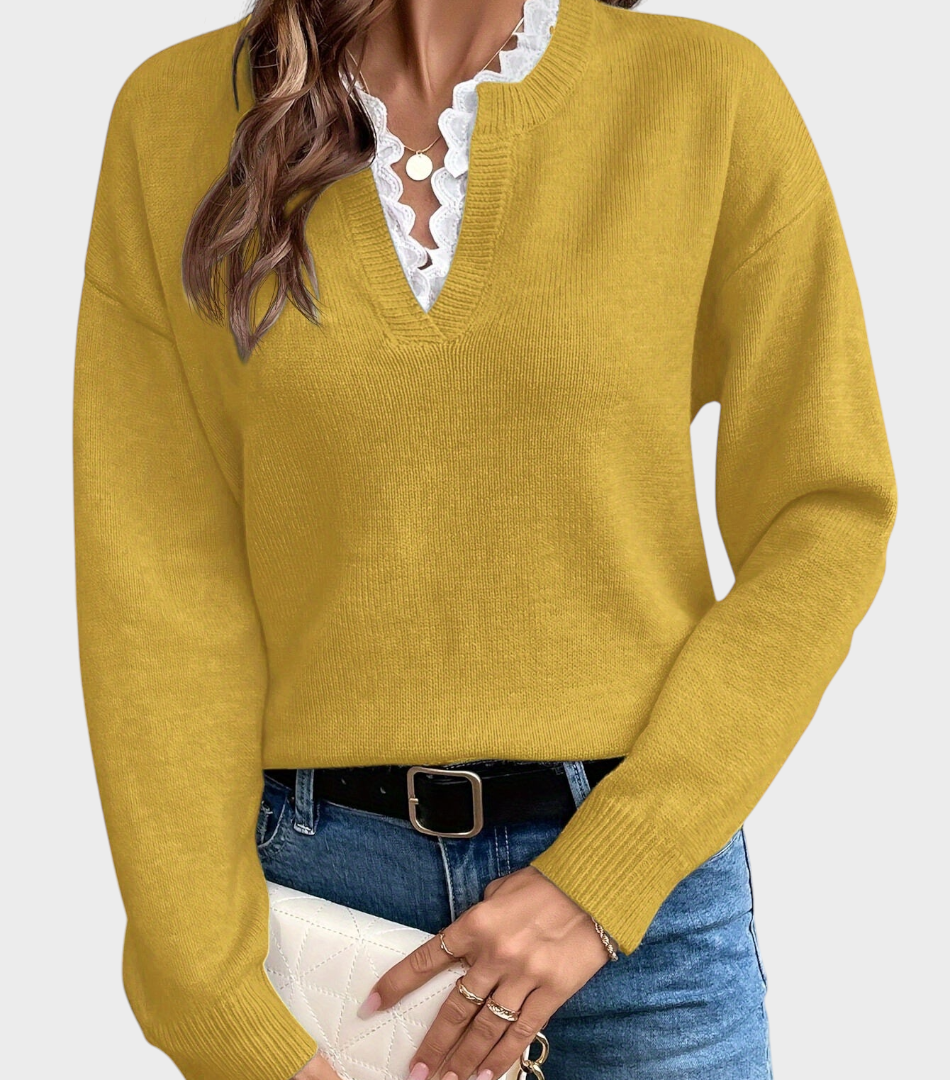 Yasmine | Πουλόβερ με Λεπτομέρεια Δαντέλας και Ανοιχτό Λαιμό