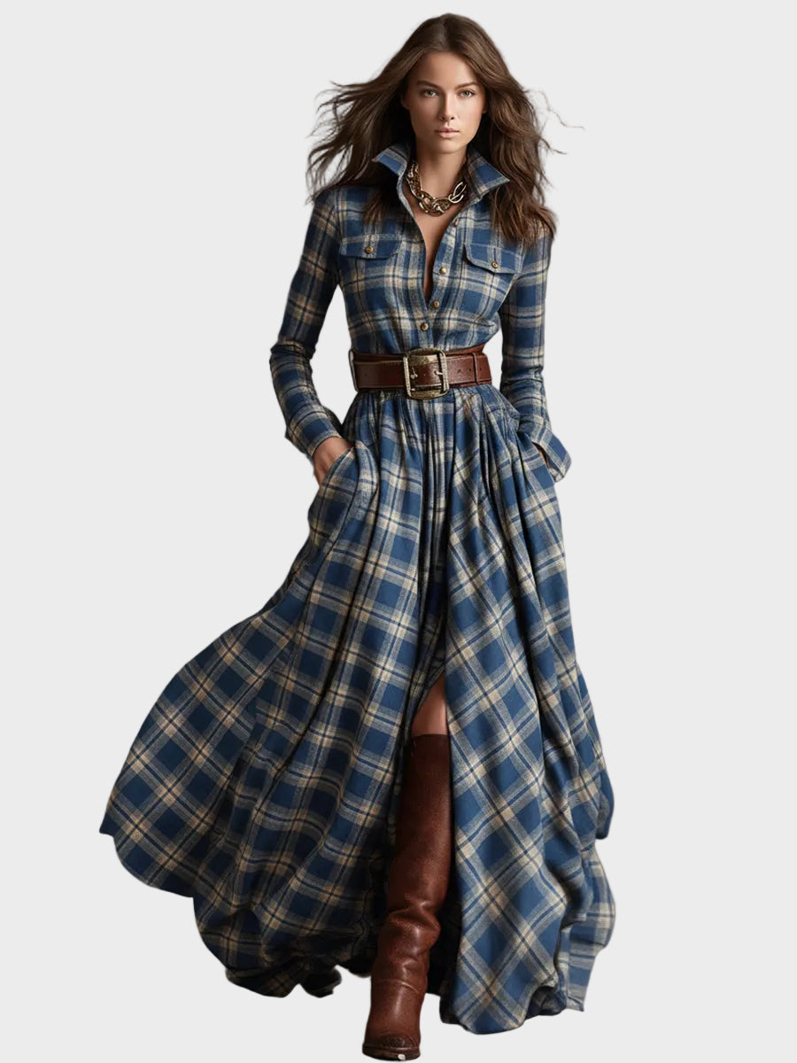 Skyler | Ρετρό Έθνικ Μάξι Φόρεμα με Πέτο σε Κοκκινωπό Καφέ Καρό