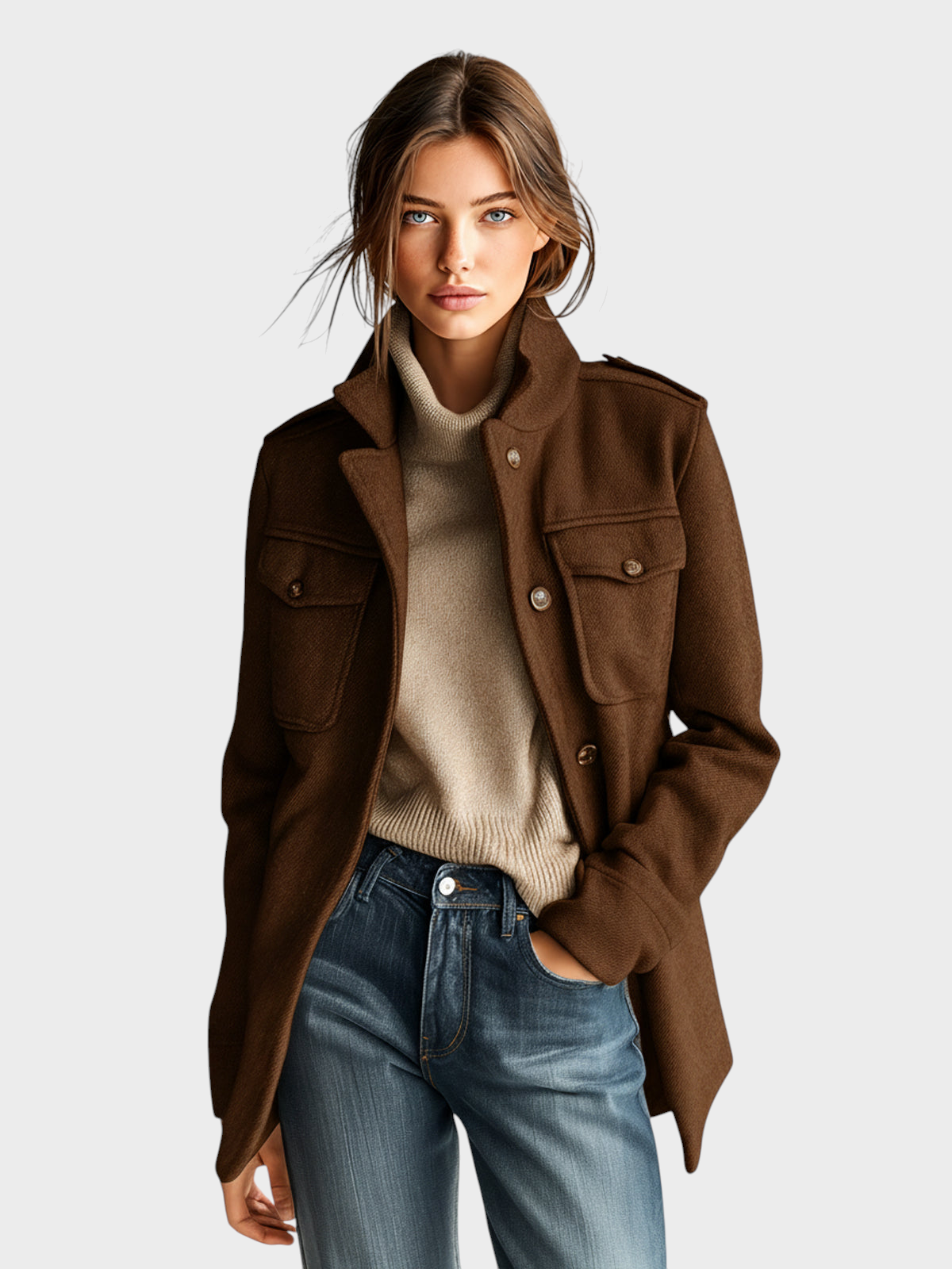 Eleven Ora Vintage Casual Καμηλό Μίγμα Μαλλιού Μπουφάν Στάντ Κολάρο με Επιθέματα και Πολλαπλές Τσέπες