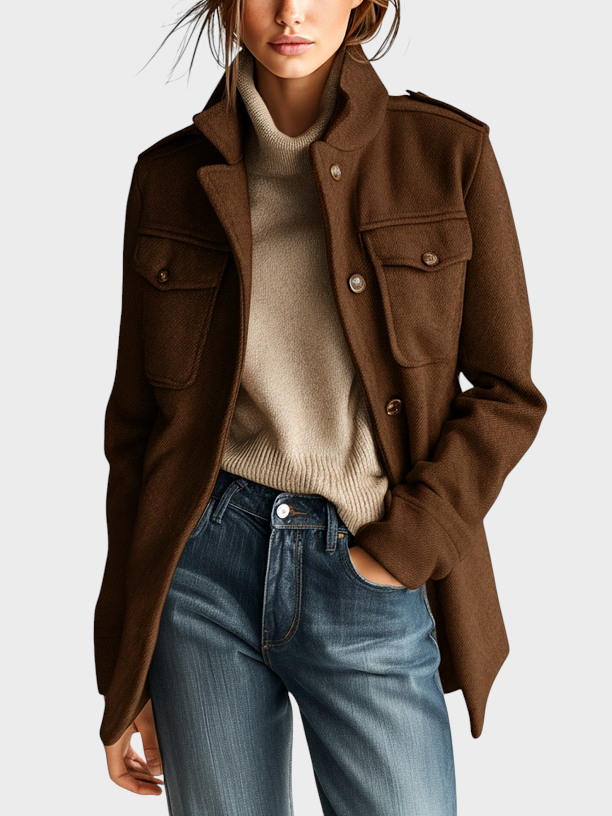 Eleven Ora Vintage Casual Καμηλό Μίγμα Μαλλιού Μπουφάν Στάντ Κολάρο με Επιθέματα και Πολλαπλές Τσέπες