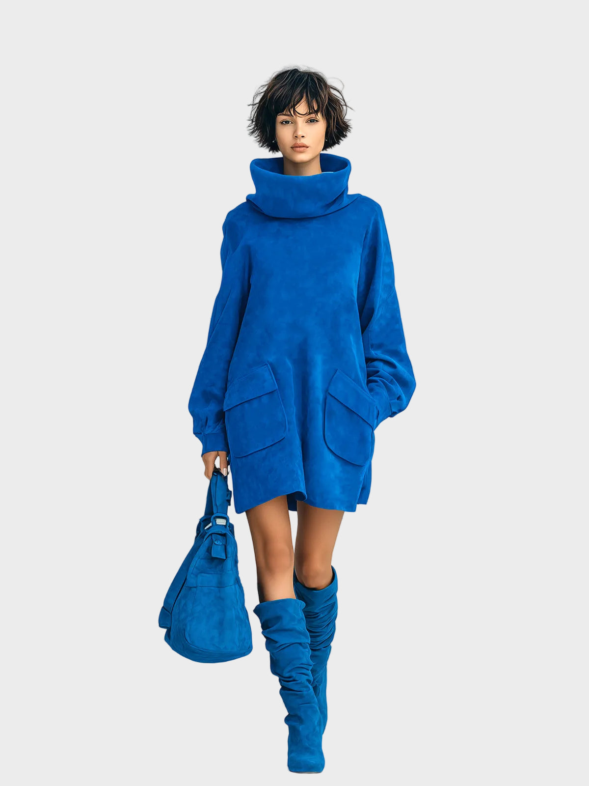 Meria | Κομψό Royal Blue Μίνι Φόρεμα από Τεχνητό Σουέτ με Oversized Ζιβάγκο, Μακριά Μανίκια Lantern και Τσέπες-Patch