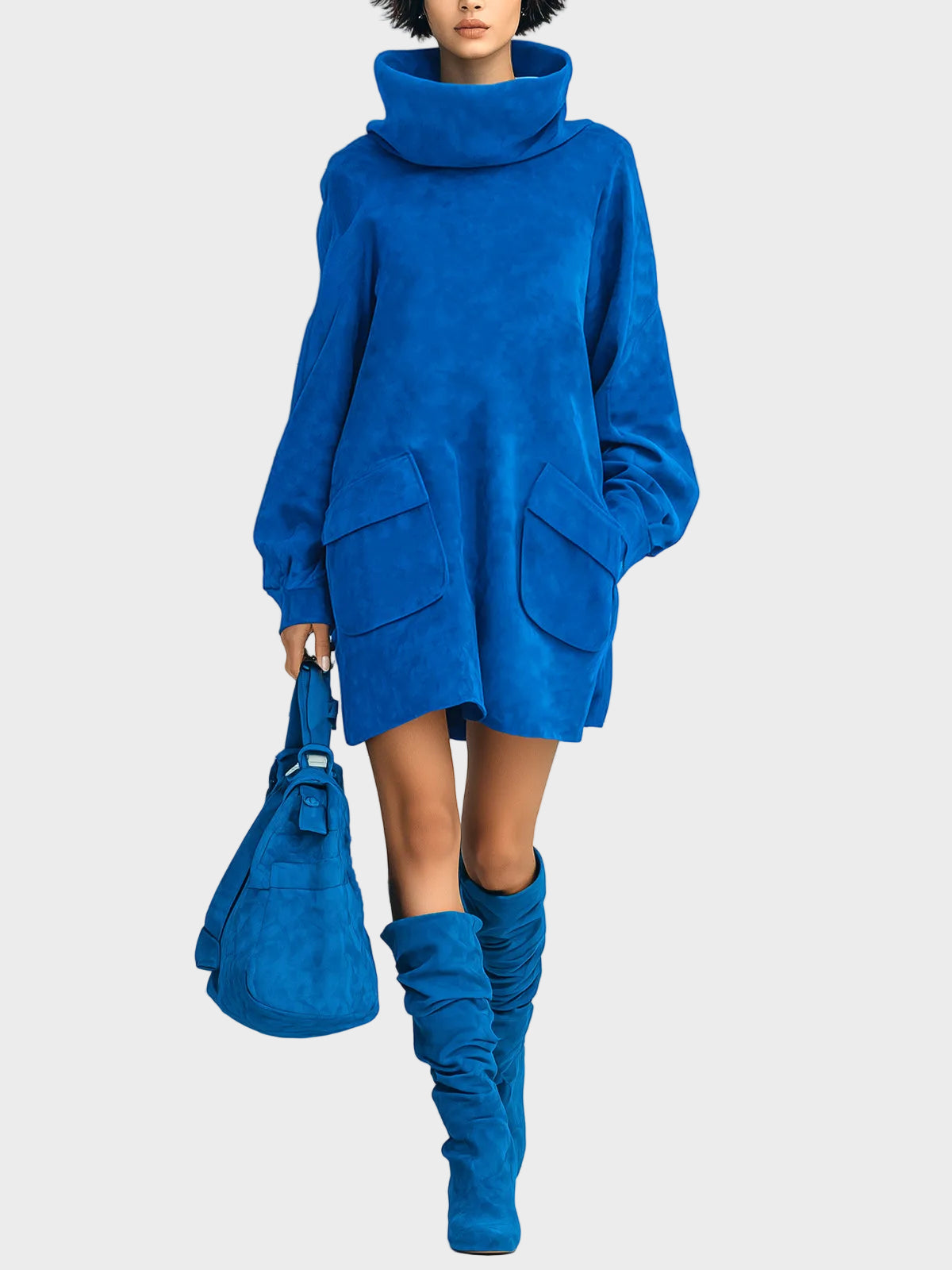 Meria | Κομψό Royal Blue Μίνι Φόρεμα από Τεχνητό Σουέτ με Oversized Ζιβάγκο, Μακριά Μανίκια Lantern και Τσέπες-Patch