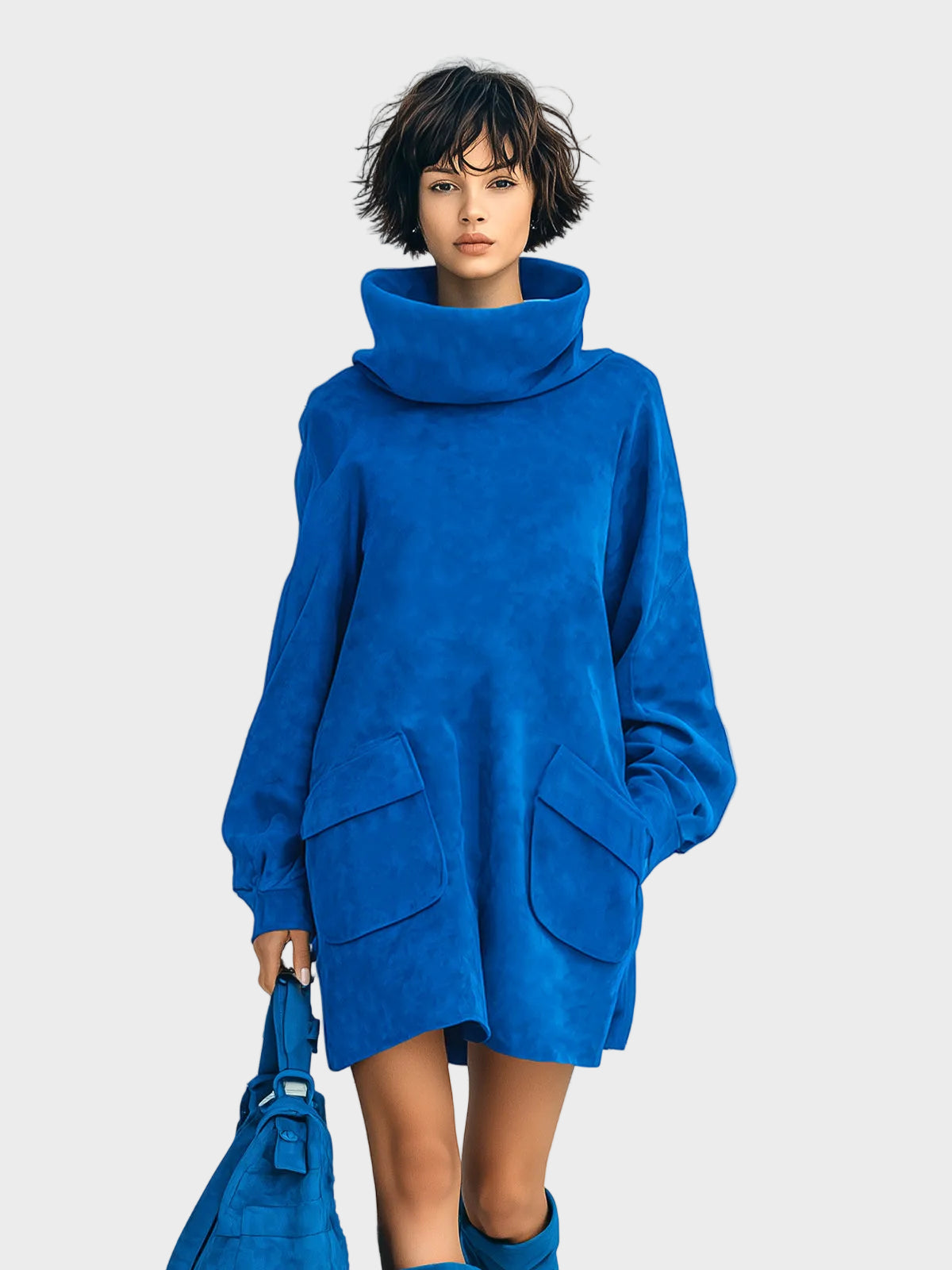 Meria | Κομψό Royal Blue Μίνι Φόρεμα από Τεχνητό Σουέτ με Oversized Ζιβάγκο, Μακριά Μανίκια Lantern και Τσέπες-Patch