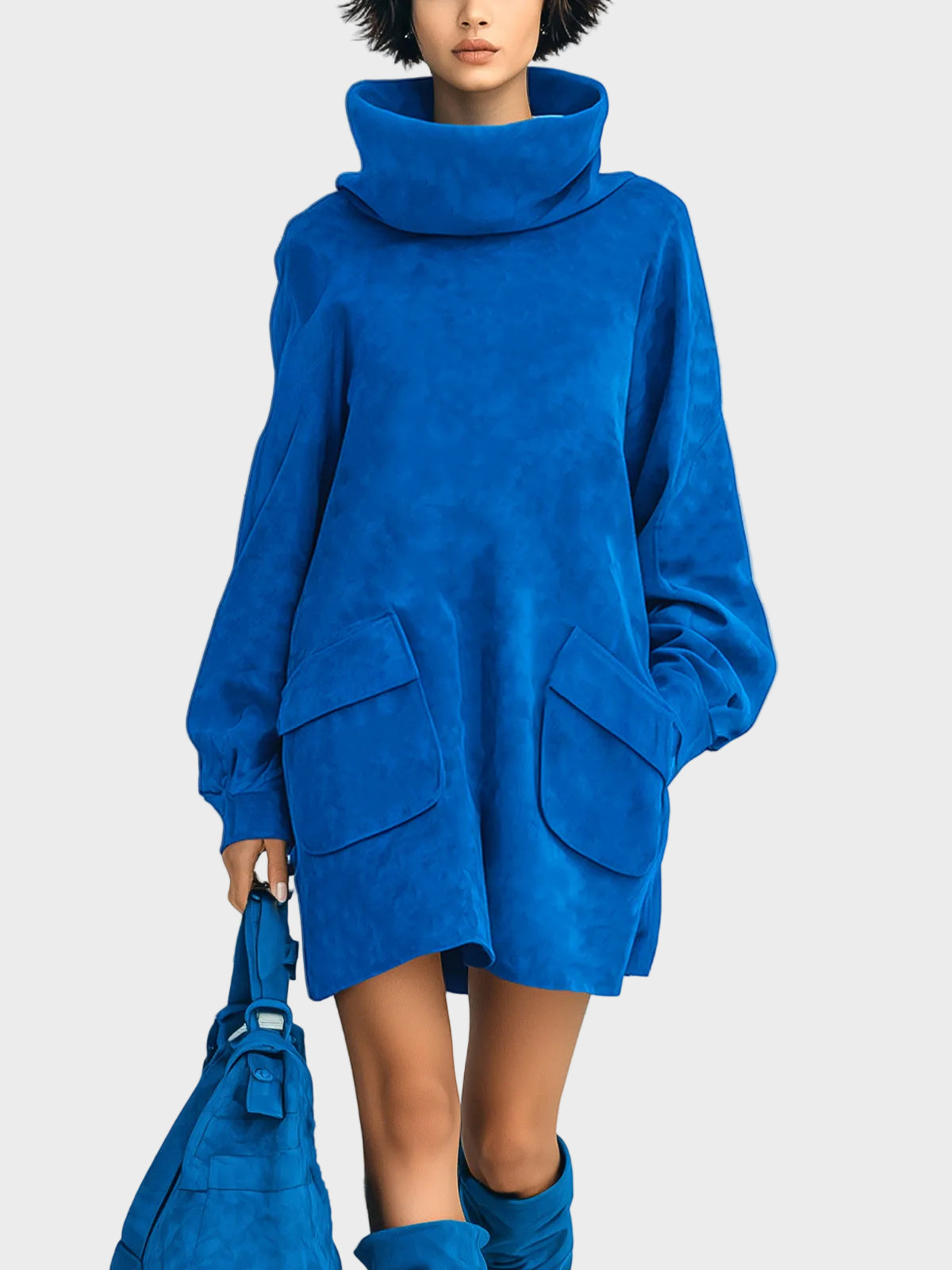 Meria | Κομψό Royal Blue Μίνι Φόρεμα από Τεχνητό Σουέτ με Oversized Ζιβάγκο, Μακριά Μανίκια Lantern και Τσέπες-Patch