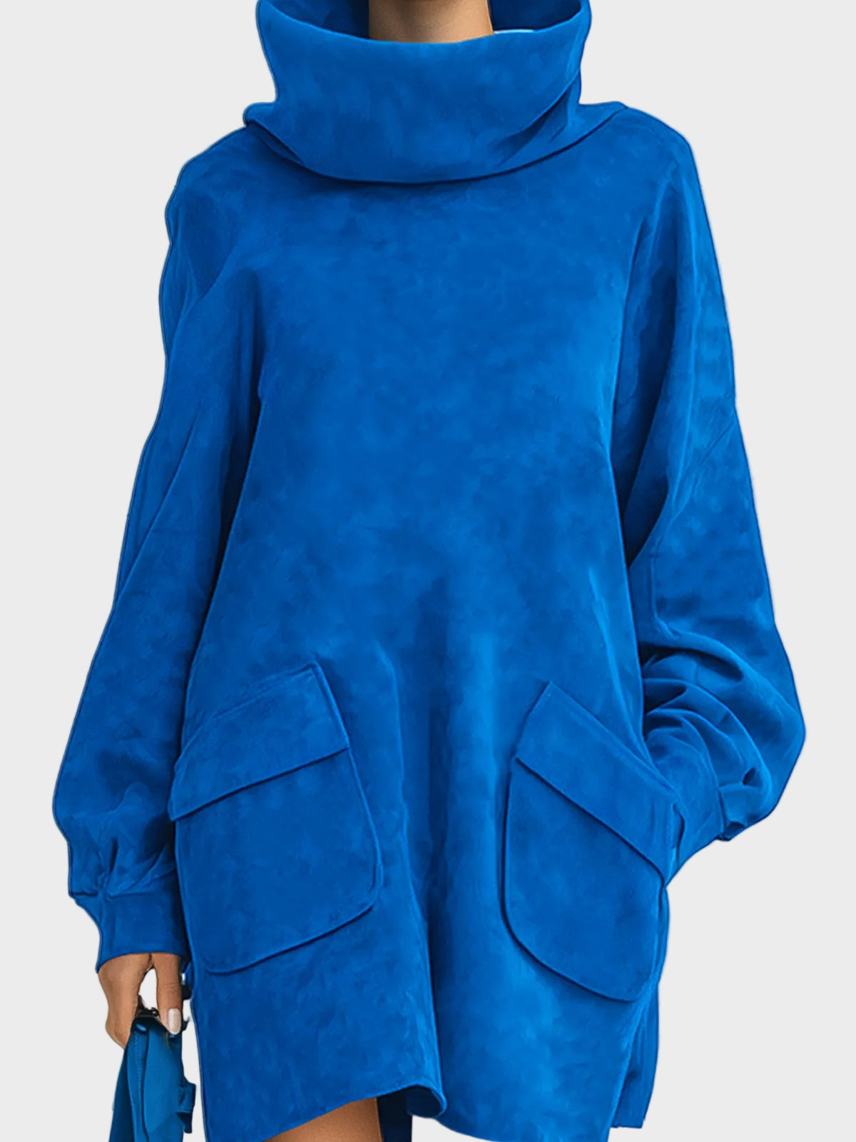 Meria | Κομψό Royal Blue Μίνι Φόρεμα από Τεχνητό Σουέτ με Oversized Ζιβάγκο, Μακριά Μανίκια Lantern και Τσέπες-Patch