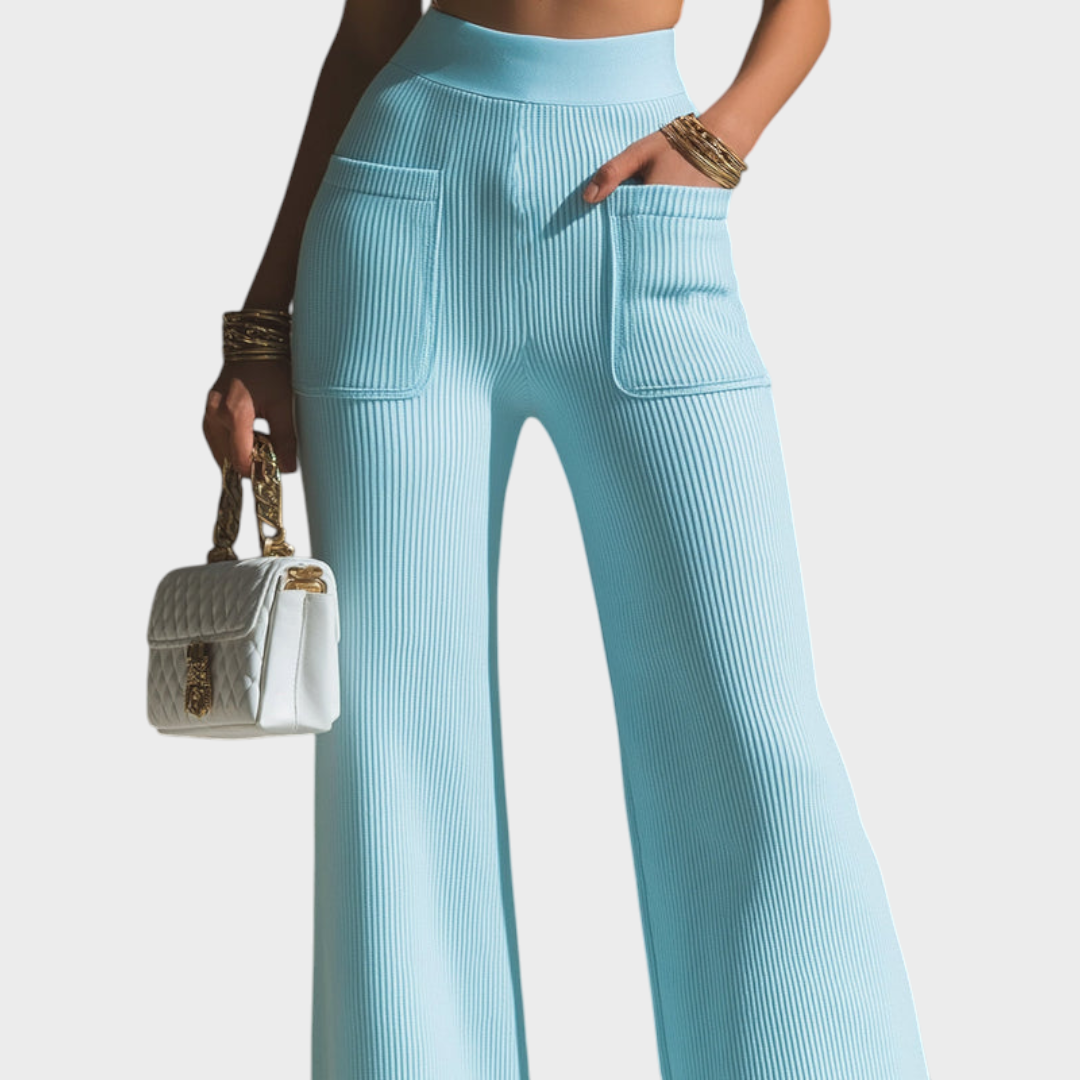 Reese | ElevenOra Chic Elegant Baby Blue High Waist Patch Pocket Details Ribbed Knit Wide-Leg Pants