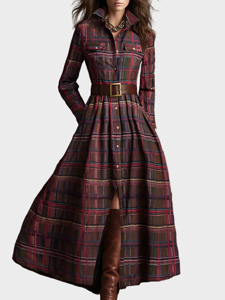 Skyler | Ρετρό Έθνικ Μάξι Φόρεμα με Πέτο σε Κοκκινωπό Καφέ Καρό