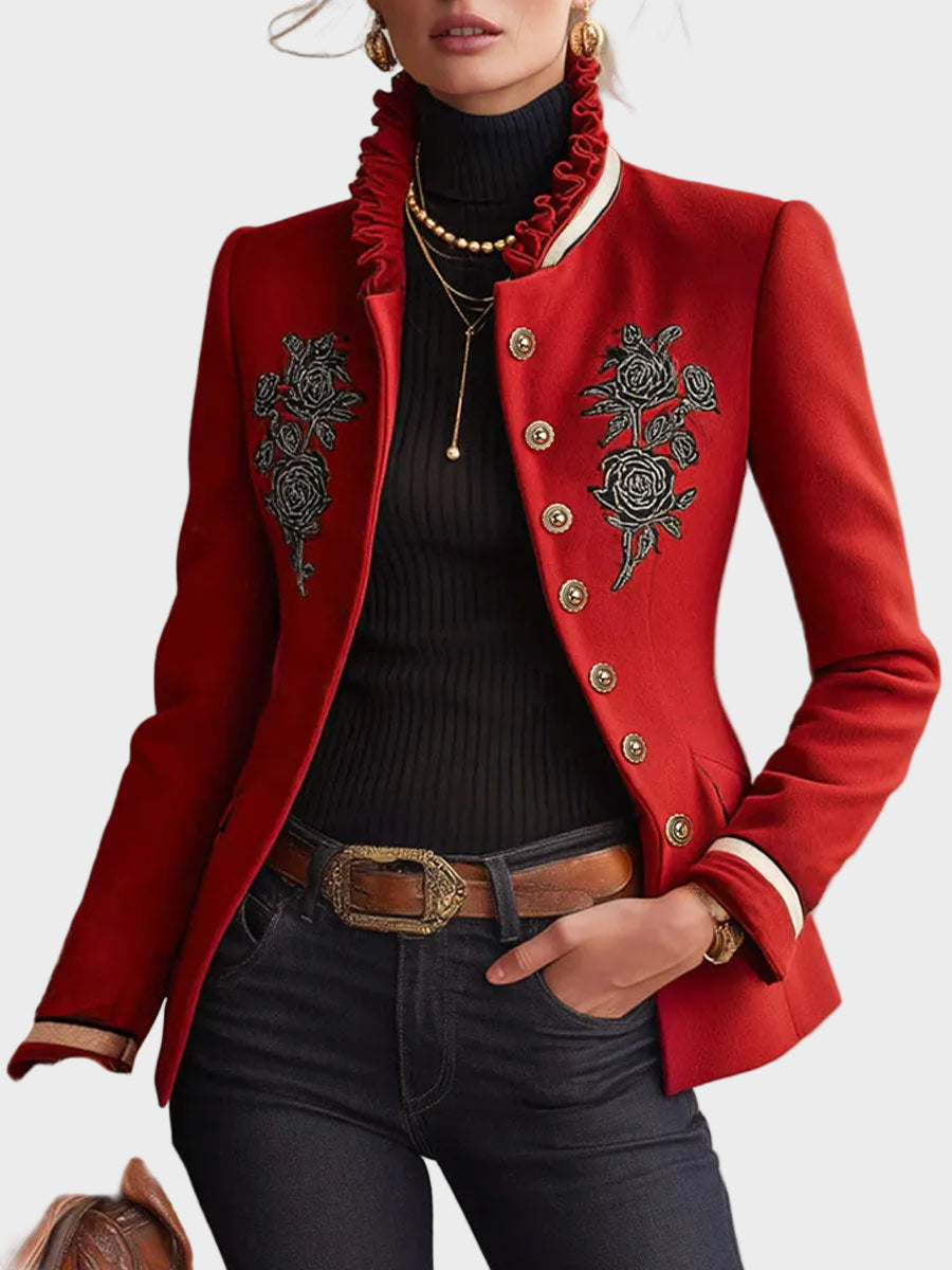 Harmony | Μάλλινο Μονόπετο Μπουφάν με Όρθιο Γιακά με Βολάν και Κέντημα Τριαντάφυλλο