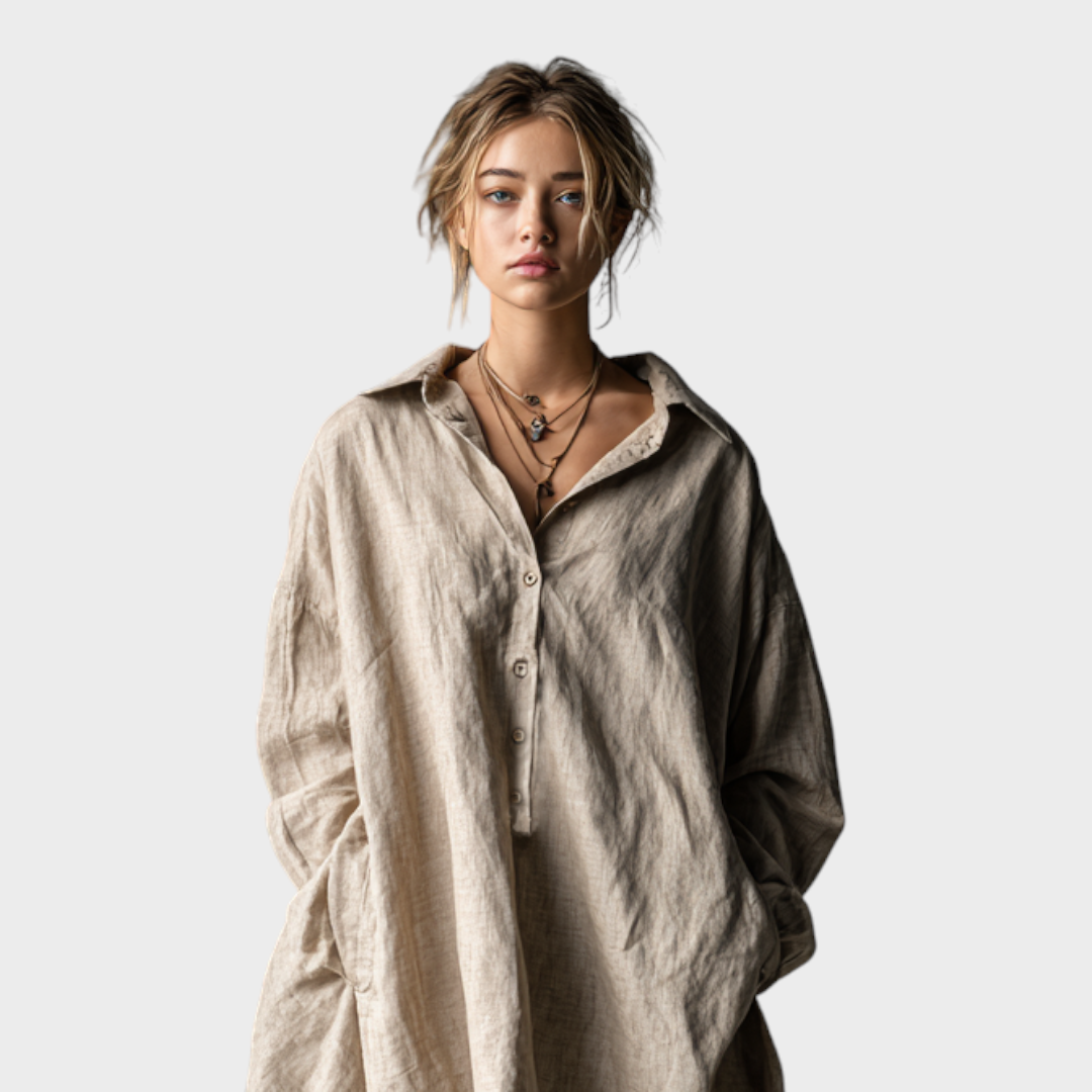 Λαυρίκη | Γυναικεία Μόδα Χαλαρό Μίνι Φόρεμα Από Βαμβάκι Και Λινό Με Κουμπιά MDA1854H2Y