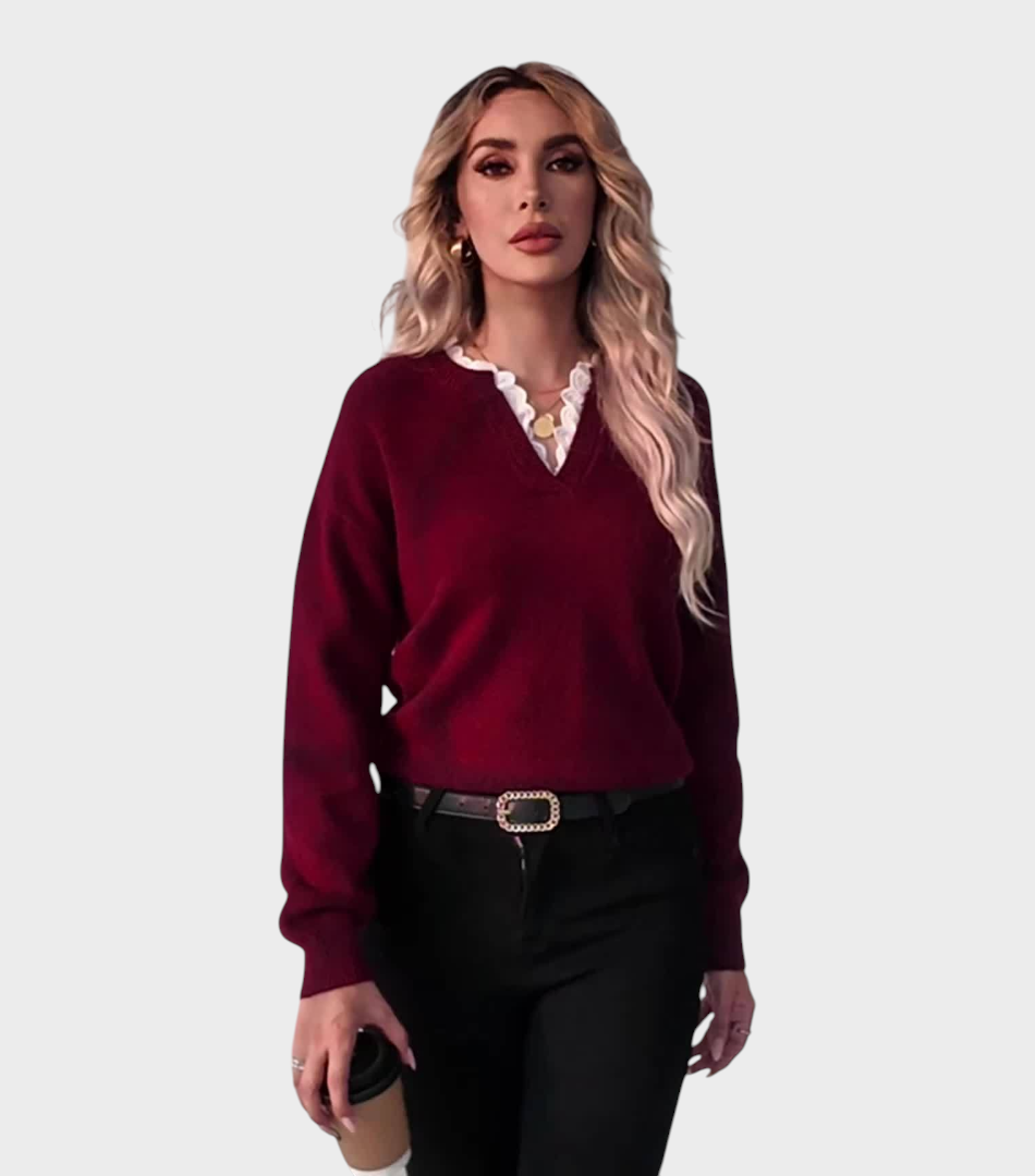 Yasmine | Πουλόβερ με Λεπτομέρεια Δαντέλας και Ανοιχτό Λαιμό