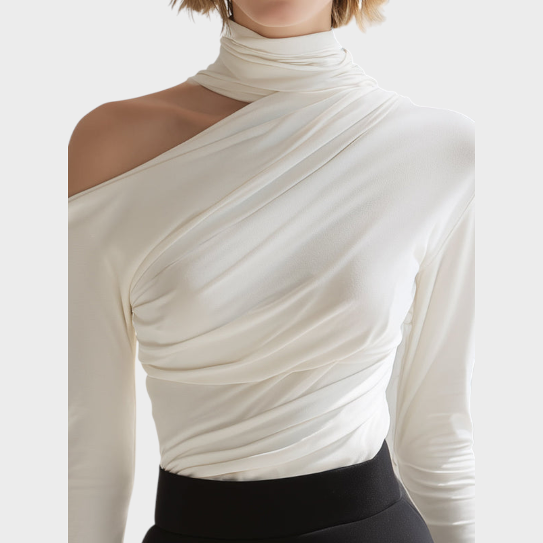 Carlie | Ασύμμετρο Draped Top με Ψηλό Λαιμό και Μακριά Μανίκια