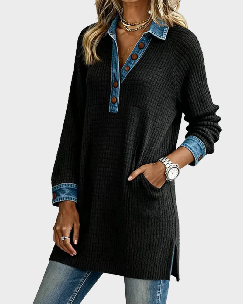 Lana | Μπλούζα με Γιακά και Ένθετο σε Χρώμα Αντίθεσης