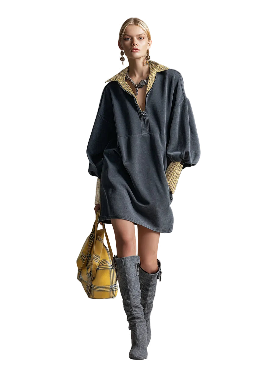 Carrie -Casual Σπορ Μίνι Φόρεμα-Φούτερ από Γκρι Ξεπλυμένο Βαμβάκι με Καρό Λεπτομέρειες (Casual Sporty Plaid Trim Gray Washed Cotton Sweatshirt Mini Dress)