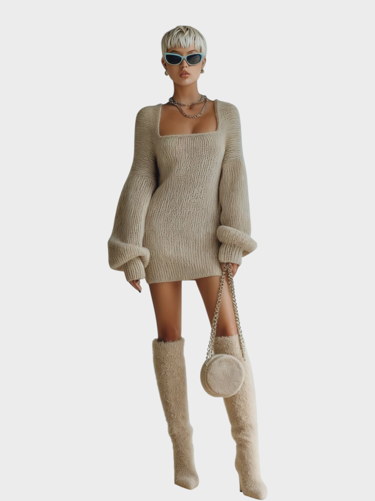 Divina | Καθημερινό Vintage Ανοιχτό Καφέ Τετράγωνο Λαιμό Κοντό Πλεκτό Φόρεμα με Φουσκωτά Μανίκια