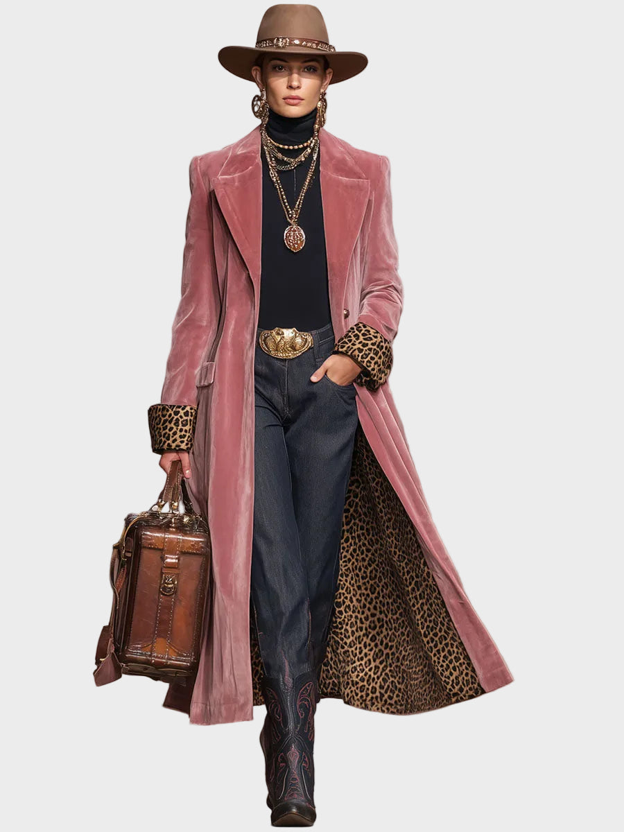 Sonia | Βελούδινο Παλτό με Πέτο, Μονόπετο, και Λεοπάρ Μοτίβο
