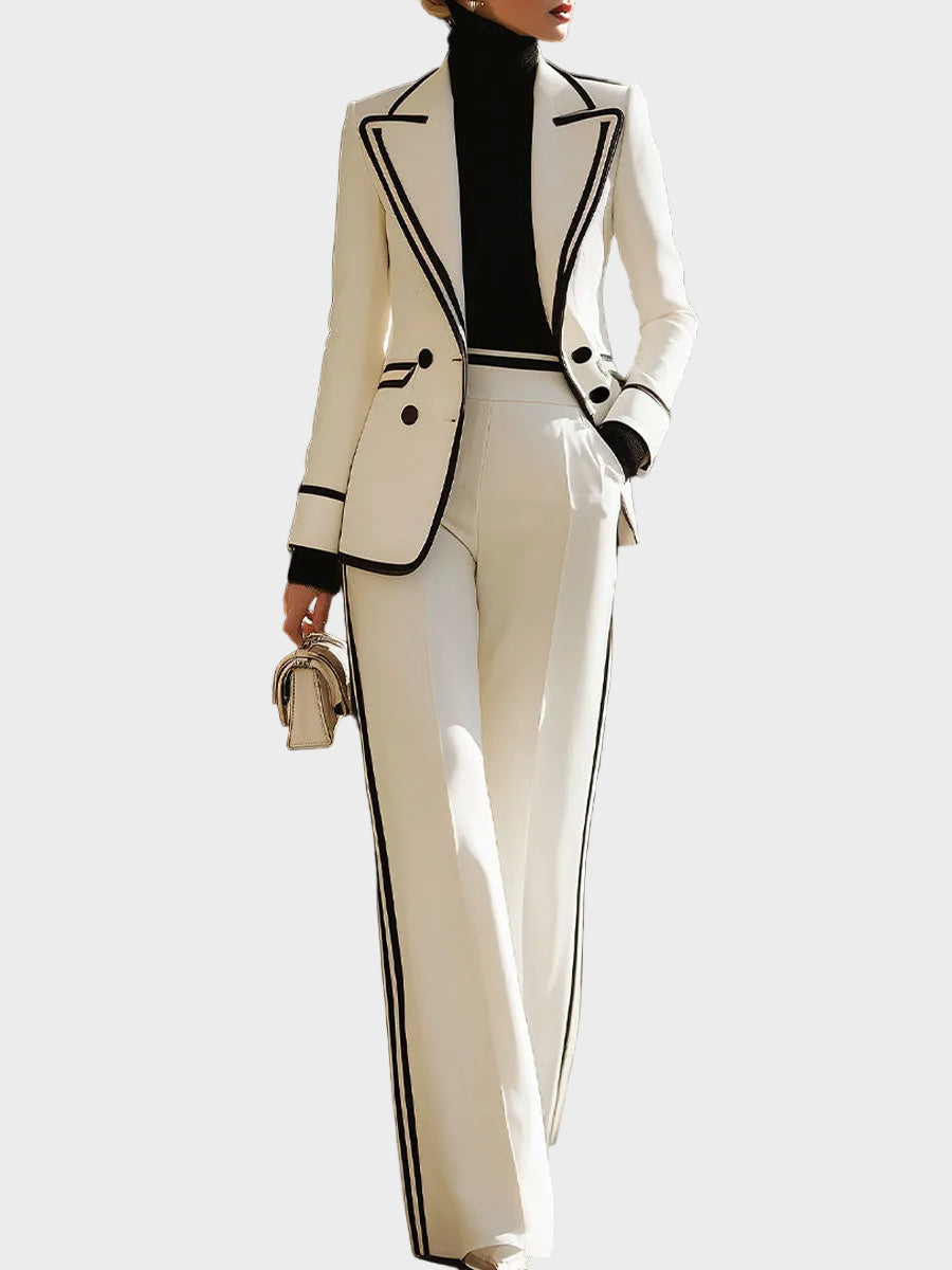 Tabitha-White Contrast - Trim Double - Breasted Suit Set