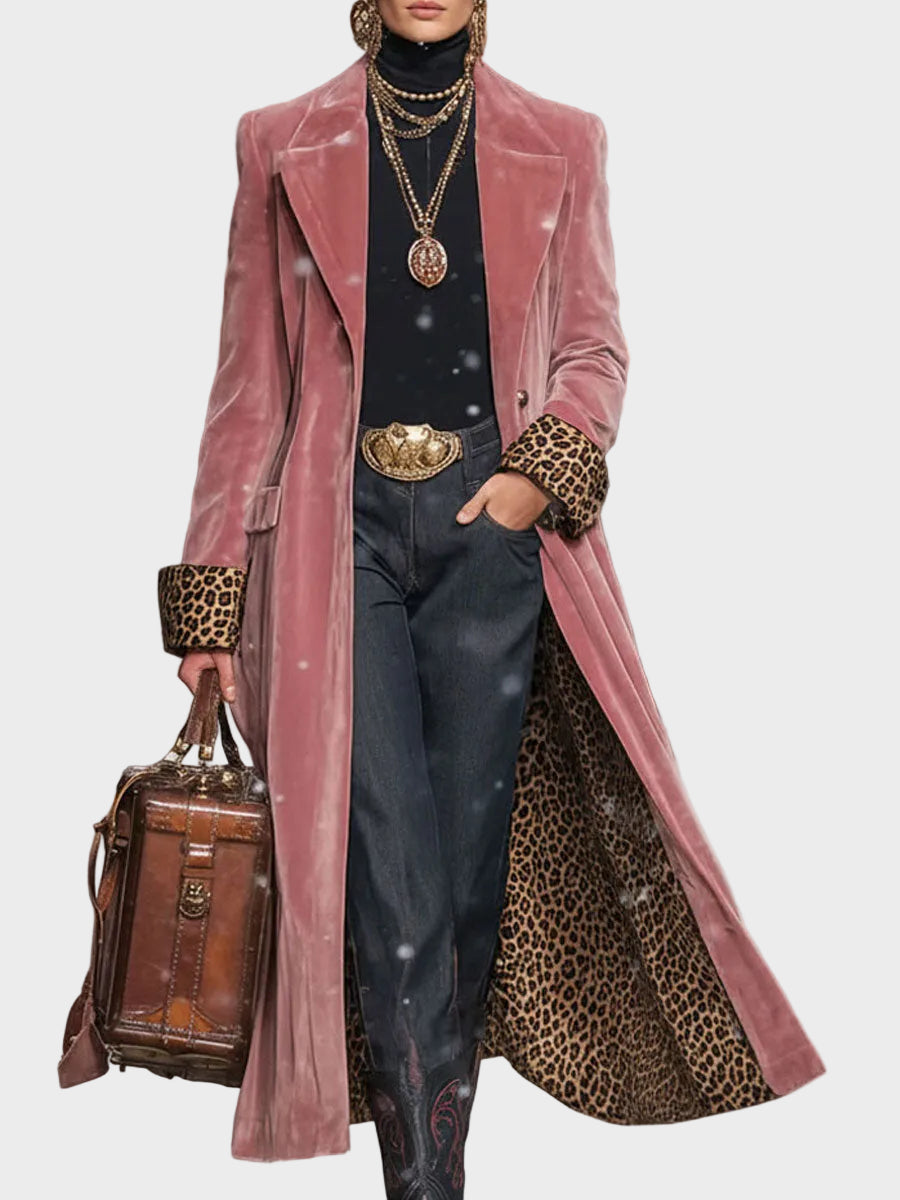 Sonia | Βελούδινο Παλτό με Πέτο, Μονόπετο, και Λεοπάρ Μοτίβο