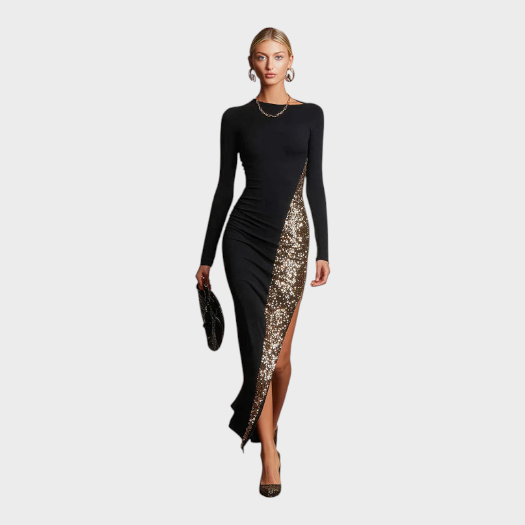 Harley | Κομψό και Λαμπερό Μαύρο Μαξι Φόρεμα από Ελαστικό Βαμβάκι με Παγιέτες