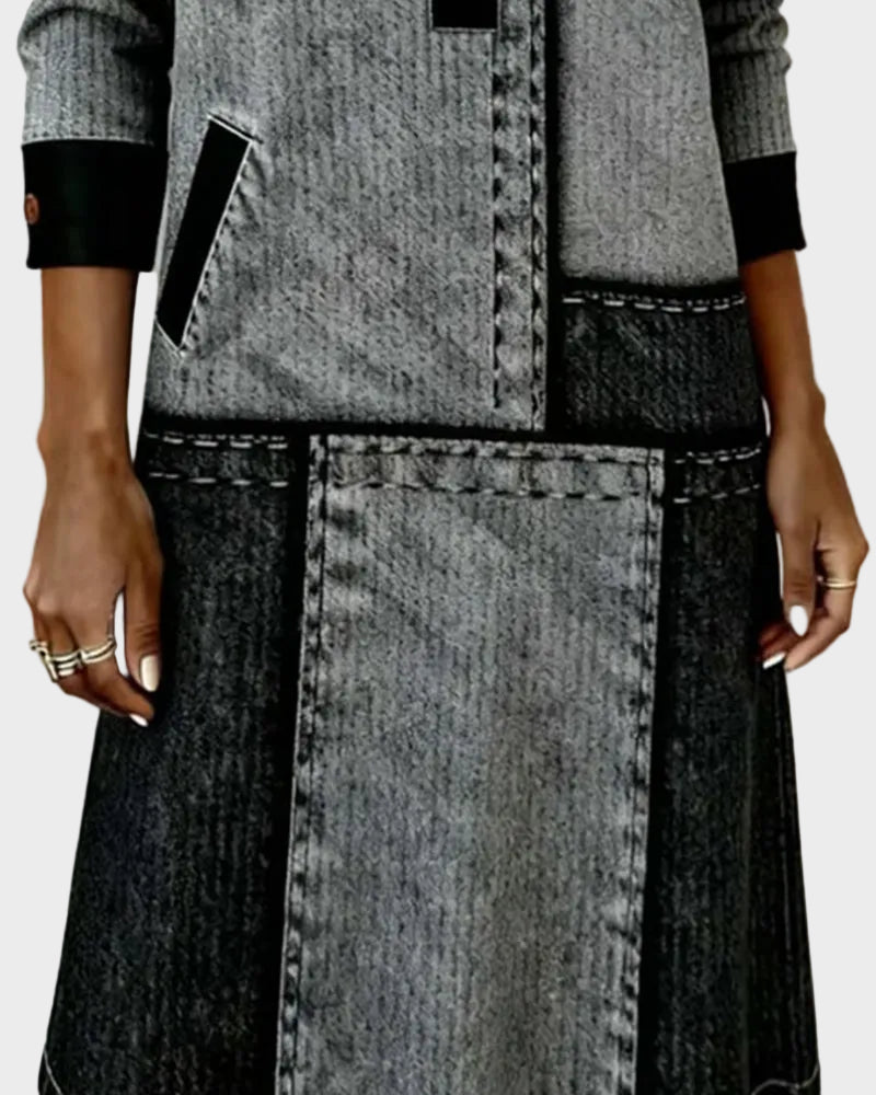 Tara | Φόρεμα με Κουμπιά, V Λαιμόκοψη και Color Block, Μοντέρνο