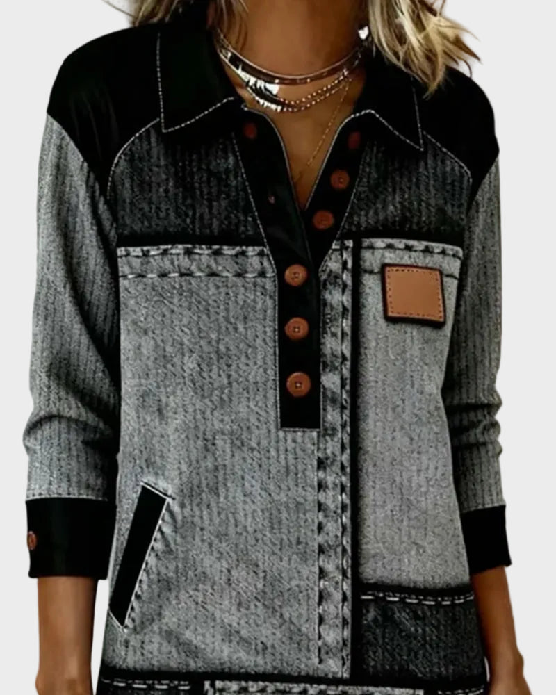 Tara | Φόρεμα με Κουμπιά, V Λαιμόκοψη και Color Block, Μοντέρνο