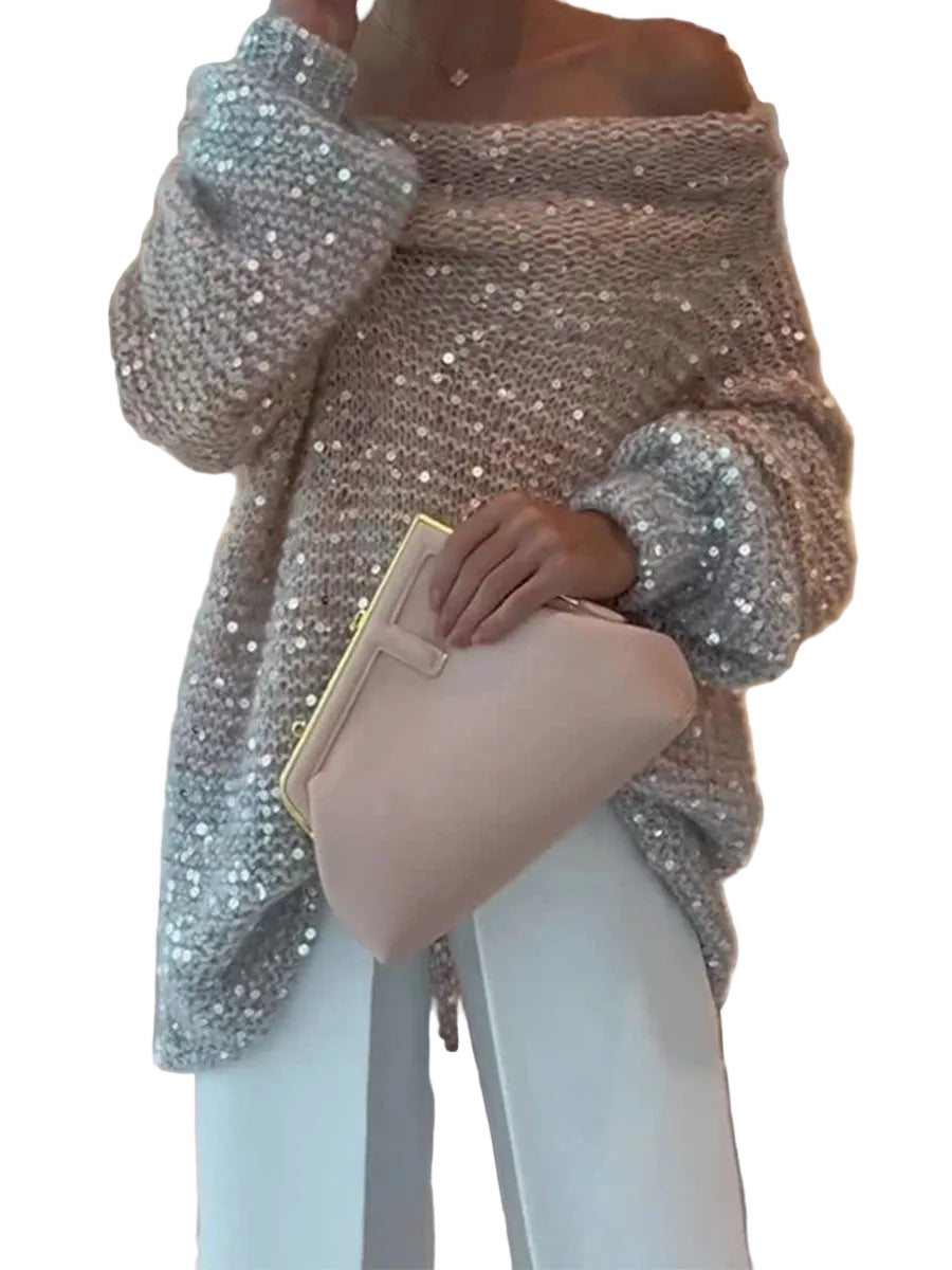 Mia | Πλεκτό Πουλόβερ με Λάμψη και Έξω τους Ώμους (Sparkle Off Shoulder Knit Sweater)