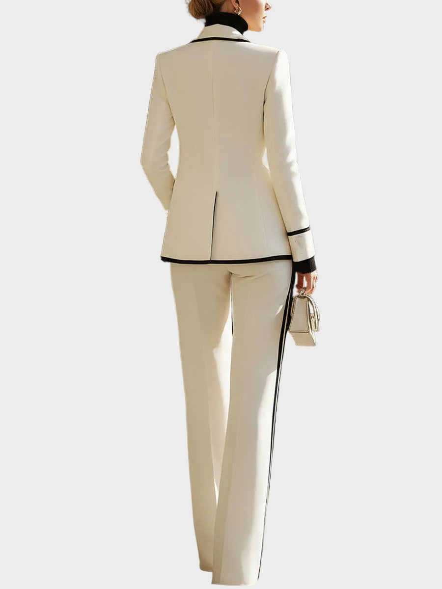 Tabitha-White Contrast - Trim Double - Breasted Suit Set