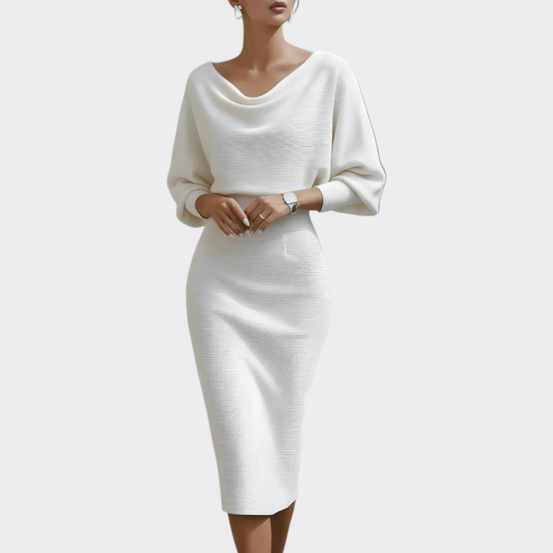 Janna | Λευκό Σατέν Φόρεμα Midi με Μανίκια Batwing