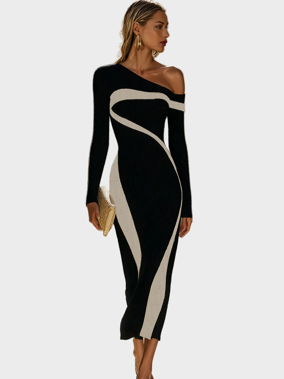 June| Κομψό Μονόχρωμο Bodycon Φόρεμα με Αντίθεση και Έναν Ώμο