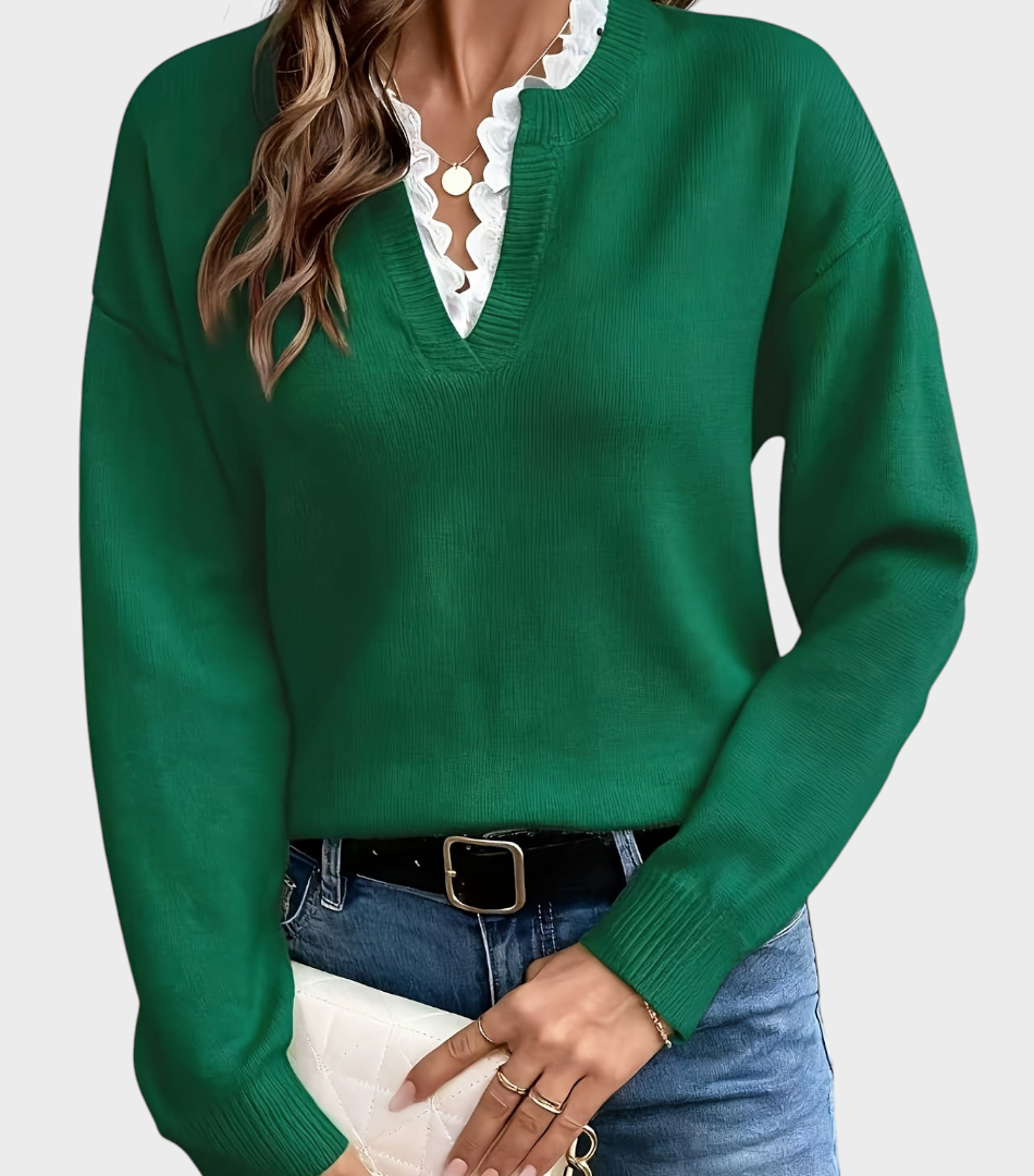 Yasmine | Πουλόβερ με Λεπτομέρεια Δαντέλας και Ανοιχτό Λαιμό