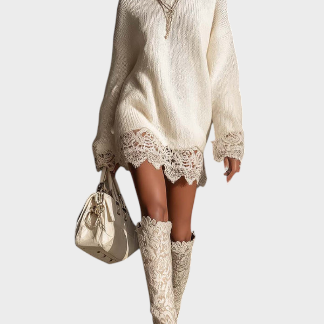 Sandy | Λευκό Πλεχτό Μίνι Φόρεμα Με Λαχούρια