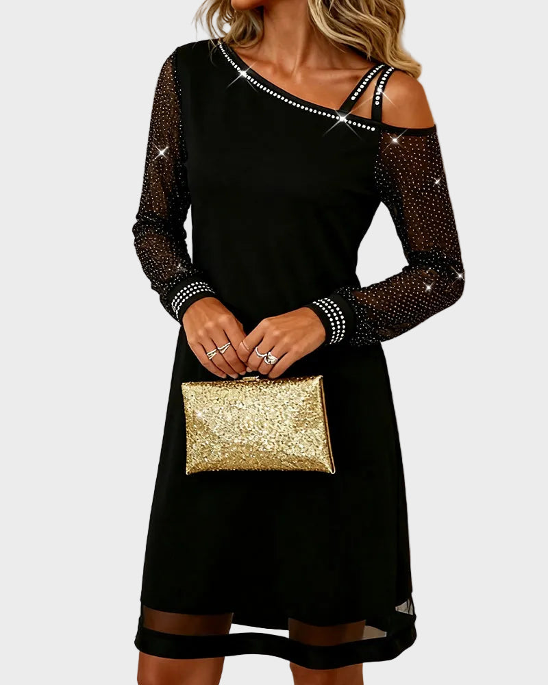 Winona | Φόρεμα Thermo με Εφαρμογή Rhinestone, Ασύμμετρη Λαιμόκοψη, Έξω τους Ώμους και Μακριά Μανίκια