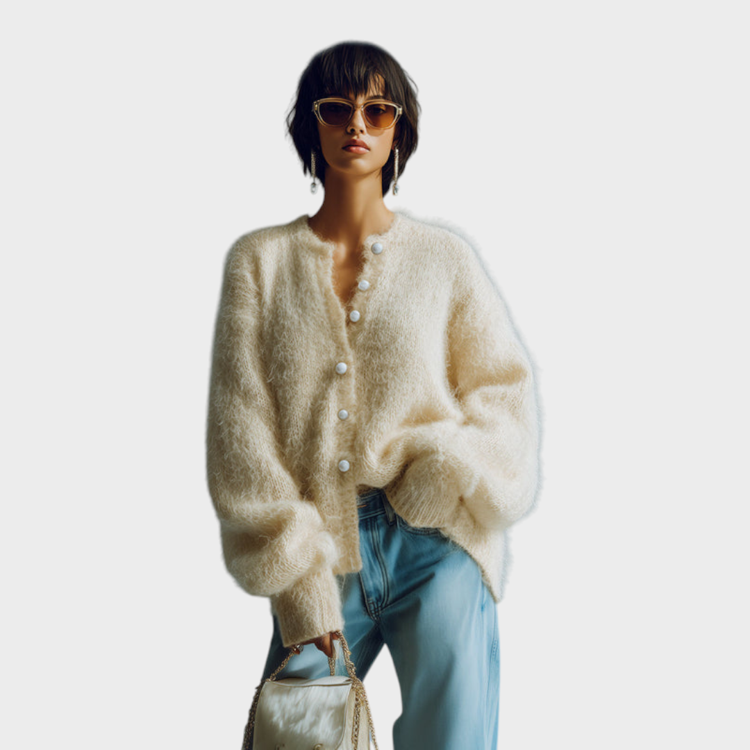 Alannah | Chic Vintage Βεραμάν Στρογγυλή Λαιμόκοψη Μονόκουμπο Μακρυμάνικο Πουλόβερ με Λεπτομέρειες από Πέρλες Oversize Φαζωτό Πλεκτό Καρντάν