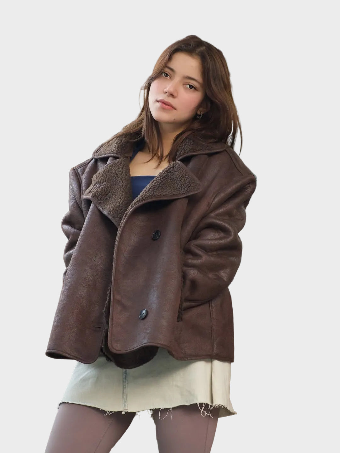 Zavi Faux Leather Fleece Lined Warm Coat