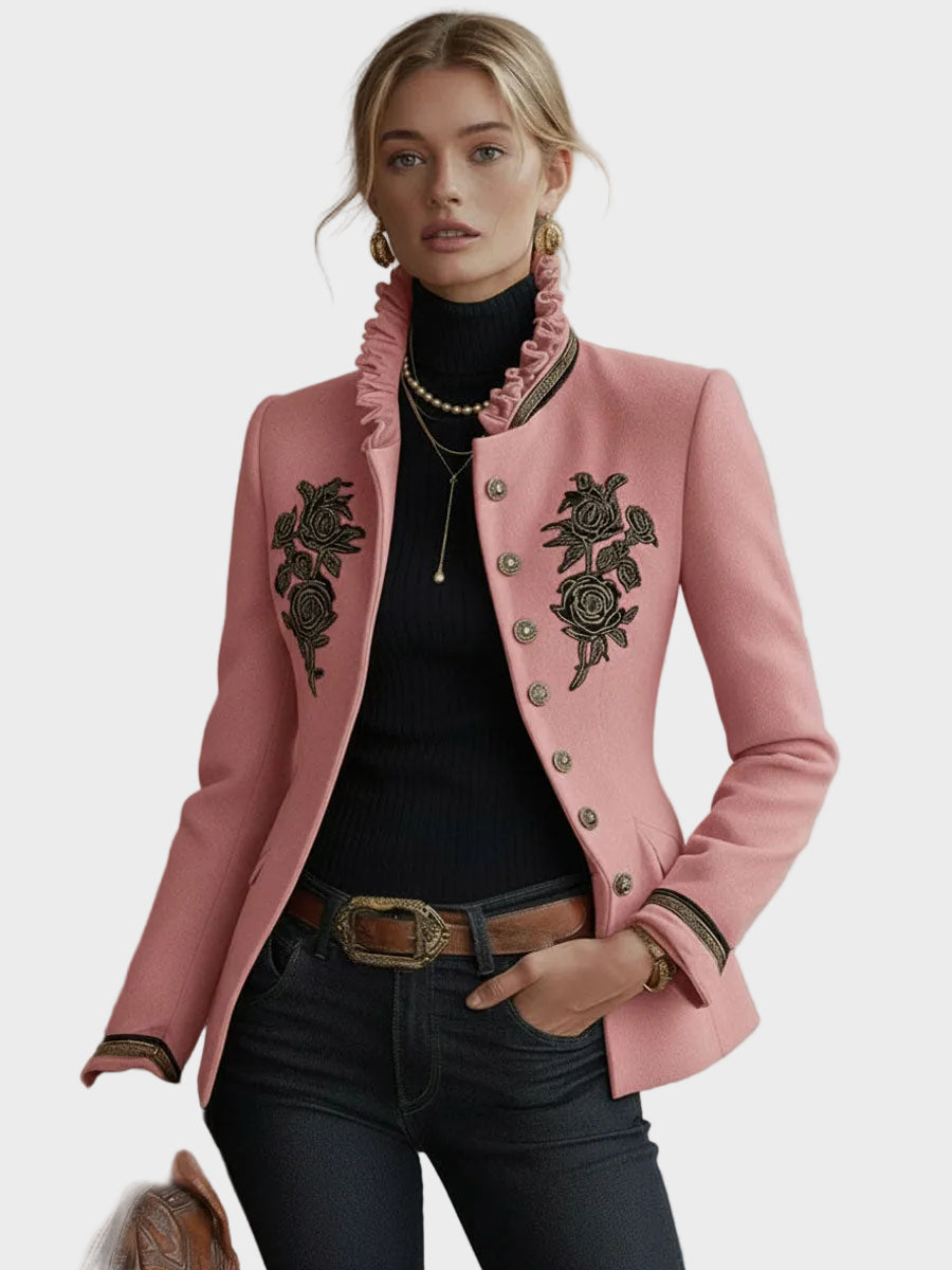 Harmony | Μάλλινο Μονόπετο Μπουφάν με Όρθιο Γιακά με Βολάν και Κέντημα Τριαντάφυλλο