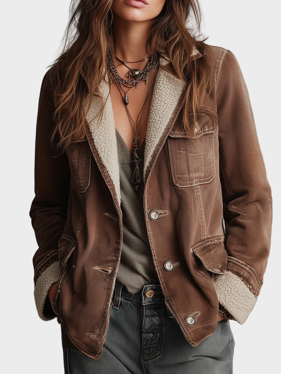 Anna | Retro Denim Παλτό με Πολλαπλές Τσέπες και Επένδυση από Συνθετική Γούνα Sherpa