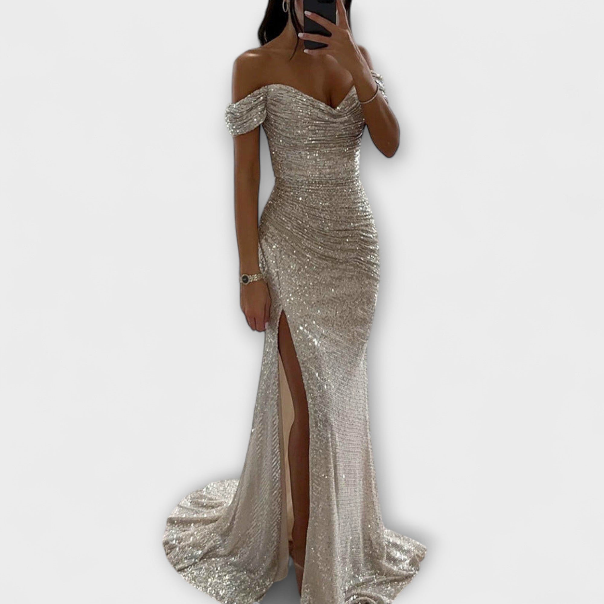 Καλοκαιρινό Βραδινό Φόρεμα — Στράπλες Μάξι με Glitter και Σκίσιμο για Γάμους &amp; Πάρτι