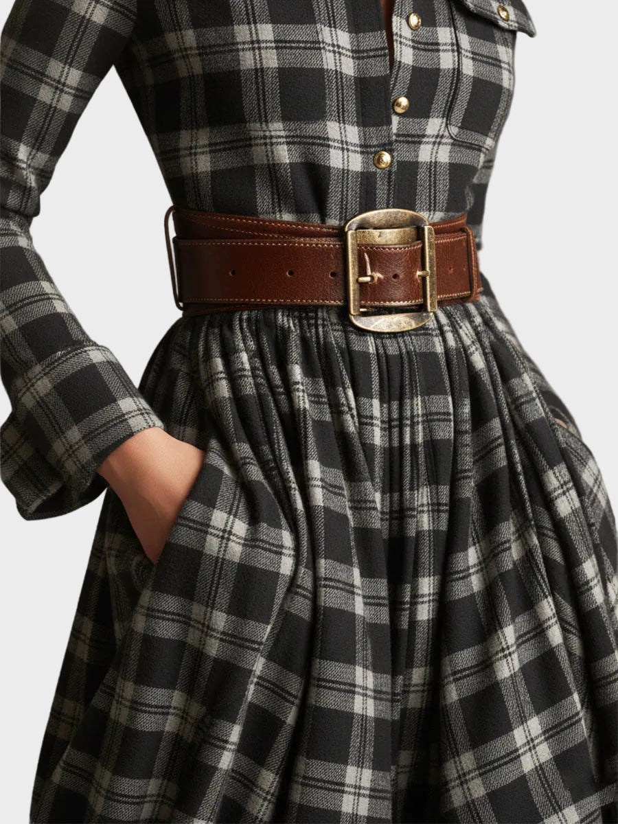 Skyler | Ρετρό Έθνικ Μάξι Φόρεμα με Πέτο σε Κοκκινωπό Καφέ Καρό