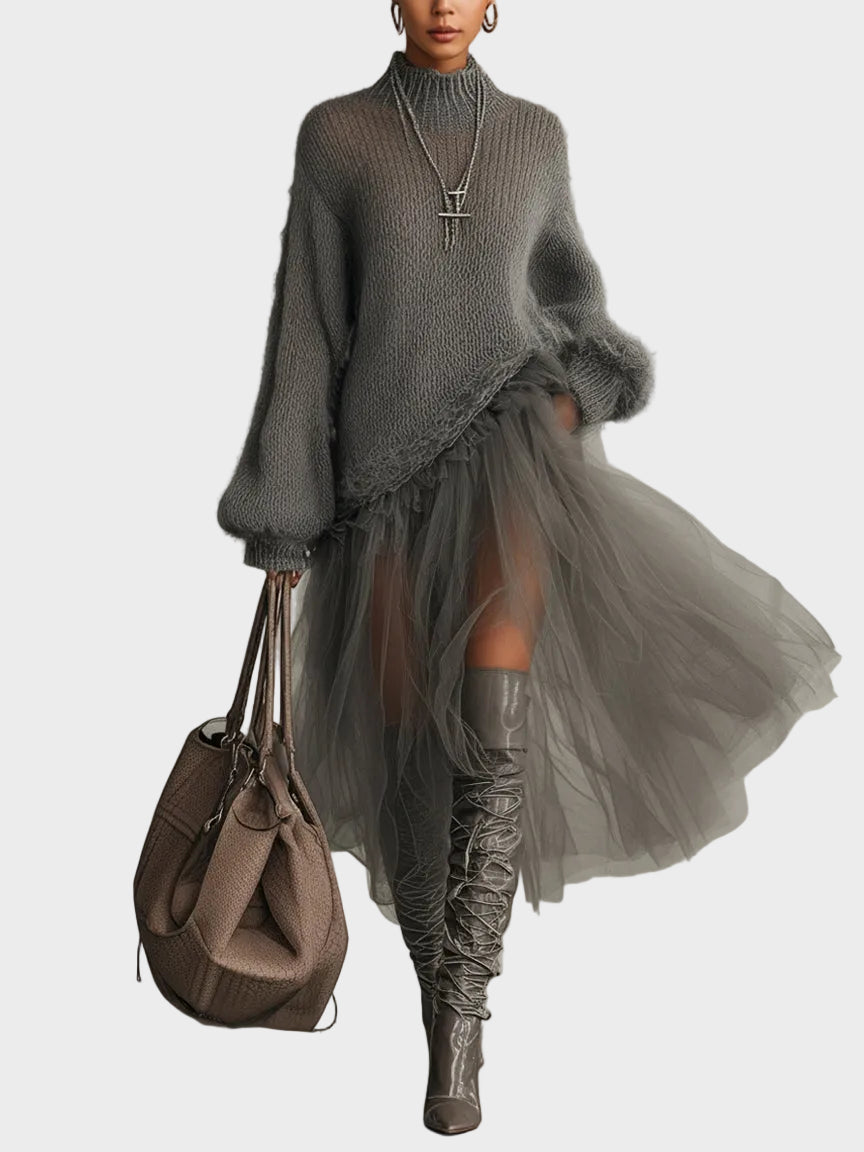 Cassie| Μάξι Φόρεμα από Γκρι Μοχέρ με Τούλινα Τμήματα